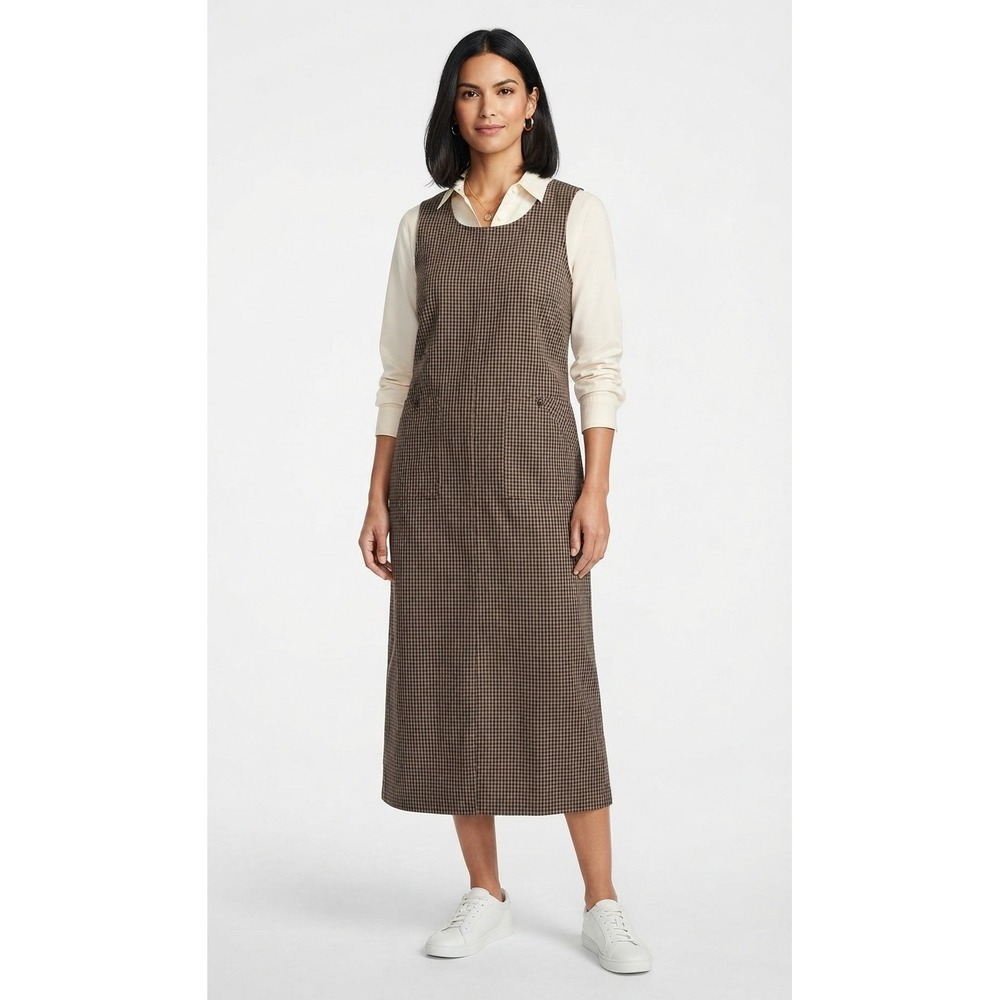 Lands' End Jumper Dress Brown Gingham Check Cotton Sleeveless Pocket - 10